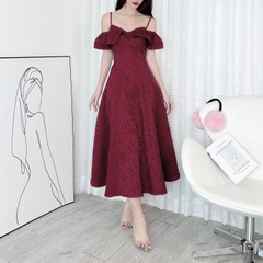 Đầm Midi Gấm 2D Bèo Vai Hoa Ngực Chất Gấm In Hoa QC Đi Tiệc MIMIX - DW0