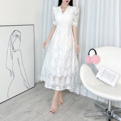 Đầm Midi Tay Ngắn Cổ V Phối Ren Dáng Dài Xòe Chất Tơ Ép Hoa Đi Biển Đi Tiệc MIMIX - DX2