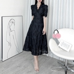 Đầm Midi Tay Ngắn Cổ V Phối Ren Dáng Dài Xòe Chất Tơ Ép Hoa Đi Biển Đi Tiệc MIMIX - DX2