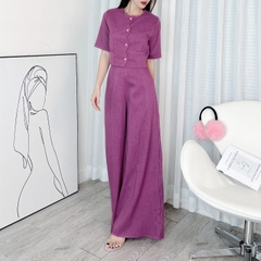 Set Bộ Trơn Nữ Áo Cổ Tròn Tay Ngắn Phối Lượn Sóng Kèm Quần Dài Ống Rộng Chất Chéo Ruby MIMIX - DX0