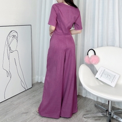 Set Bộ Trơn Nữ Áo Cổ Tròn Tay Ngắn Phối Lượn Sóng Kèm Quần Dài Ống Rộng Chất Chéo Ruby MIMIX - DX0