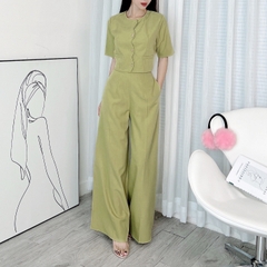 Set Bộ Trơn Nữ Áo Cổ Tròn Tay Ngắn Phối Lượn Sóng Kèm Quần Dài Ống Rộng Chất Chéo Ruby MIMIX - DX0