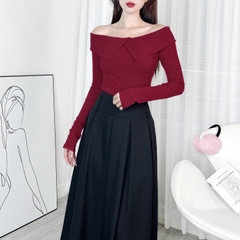 Áo Trơn Kiểu Nữ Trễ Vai Tay Dài Cổ Lật Chất Thun Tăm QC Đi Làm Đi Chơi MIMIX - DX6