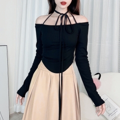 Áo 2 Dây Nữ Tay Dài Trễ Vai Vạt Bầu Chất Thun Vân Tăm Quảng Châu Đi Làm Đi Tiệc Mimix - DX4