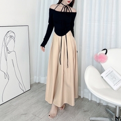 Áo 2 Dây Nữ Tay Dài Trễ Vai Vạt Bầu Chất Thun Vân Tăm Quảng Châu Đi Làm Đi Tiệc Mimix - DX4