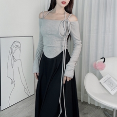 Áo 2 Dây Nữ Tay Dài Trễ Vai Vạt Bầu Chất Thun Vân Tăm Quảng Châu Đi Làm Đi Tiệc Mimix - DX4