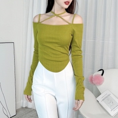 Áo 2 Dây Nữ Tay Dài Trễ Vai Vạt Bầu Chất Thun Vân Tăm Quảng Châu Đi Làm Đi Tiệc Mimix - DX4