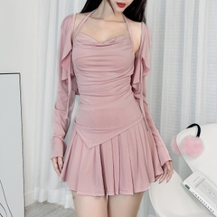 Set Bộ Trơn Nữ 3 Món Áo Khoác Nữ, Áo 2 Dây Kèm Chân Váy Tennis Chất Thun Dẻo 50D MIMIX - DY1