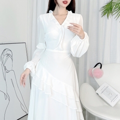 Đầm Maxi Trơn Nữ Cổ V Phối Viền Bèo Tay Dài Chất Voan Hàn Đi Biển MIMIX - DY2