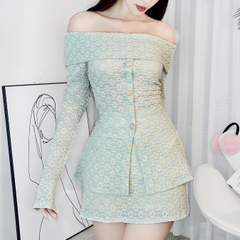 Set Bộ Nữ ÁoTrễ Vai Tay Dài Thêu Hoa Kèm Chân Váy Nữ Ngắn Đi Du Lịch MIMIX - DY7