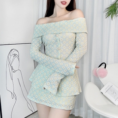 Set Bộ Nữ ÁoTrễ Vai Tay Dài Thêu Hoa Kèm Chân Váy Nữ Ngắn Đi Du Lịch MIMIX - DY7