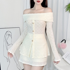 Set Bộ Nữ ÁoTrễ Vai Tay Dài Thêu Hoa Kèm Chân Váy Nữ Ngắn Đi Du Lịch MIMIX - DY7