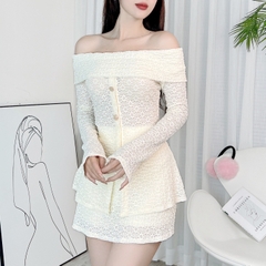 Set Bộ Nữ ÁoTrễ Vai Tay Dài Thêu Hoa Kèm Chân Váy Nữ Ngắn Đi Du Lịch MIMIX - DY7