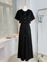 Set Bộ Trơn Nữ Áo Cổ Tròn Tay Ngắn Phối Lượn Sóng Kèm Quần Dài Ống Rộng Chất Chéo Ruby MIMIX - DX0