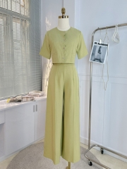 Set Bộ Trơn Nữ Áo Cổ Tròn Tay Ngắn Phối Lượn Sóng Kèm Quần Dài Ống Rộng Chất Chéo Ruby MIMIX - DX0