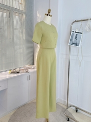 Set Bộ Trơn Nữ Áo Cổ Tròn Tay Ngắn Phối Lượn Sóng Kèm Quần Dài Ống Rộng Chất Chéo Ruby MIMIX - DX0