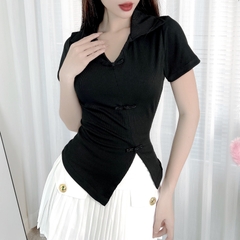 Áo Kiểu Nữ Phối Cổ Sơ Mi Phối Nút Tàu Vạt Xẻ Chất Thun Tăm QC Đi Dạo Phố MIMIX - DY3