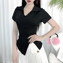 Áo Kiểu Nữ Phối Cổ Sơ Mi Phối Nút Tàu Vạt Xẻ Chất Thun Tăm QC Đi Dạo Phố MIMIX - DY3