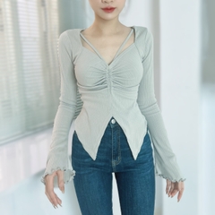 Áo Kiểu Nữ Vạt Xẻ Tay Dài Rút Dây Chất Thun Tăm QC Đi Làm Đi Chơi MIMIX - DZ7