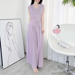 Set Bộ Nữ Áo Sát Nách Nhún Eo Mix Quần Dài Ống Rộng Chất Thun Vân Mịn Đi Du Lịch MIMIX - DR9