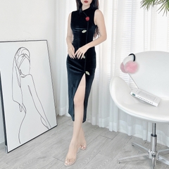 Đầm Body Nhung Nữ Thêu Phối Xẻ Tà 2 Màu Trơn Nhung Thun Thêu Đi Tiệc MIMIX - DZ1