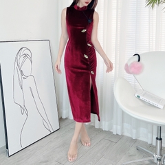 Đầm Body Nhung Nữ Thêu Phối Xẻ Tà 2 Màu Trơn Nhung Thun Thêu Đi Tiệc MIMIX - DZ1