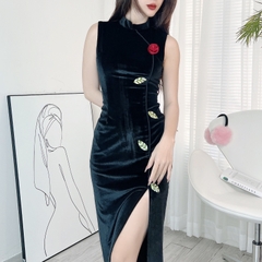 Đầm Body Nhung Nữ Thêu Phối Xẻ Tà 2 Màu Trơn Nhung Thun Thêu Đi Tiệc MIMIX - DZ1