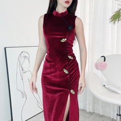 Đầm Body Nhung Nữ Thêu Phối Xẻ Tà 2 Màu Trơn Nhung Thun Thêu Đi Tiệc MIMIX - DZ1
