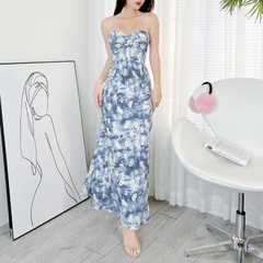 Đầm 2 Dây Hoa Dập Ly Lượn Sóng Kèm Xoắn Trước Chất Mango Dập Ly Sóng Đi Biển MIMIX - EA0