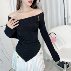 Áo Kiểu Nữ Trơn Tay Dài Tà Nhọn Trễ Vai Phối Nhún Chất Thun Nhũ Đi Làm Đi Chơi MIMIX - EA2