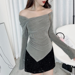 Áo Kiểu Nữ Trơn Tay Dài Tà Nhọn Trễ Vai Phối Nhún Chất Thun Nhũ Đi Làm Đi Chơi MIMIX - EA2