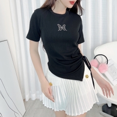  Áo Kiểu Nữ Cổ Tròn Phối Thêu Tay Ngắn Rút Chất Thun Tăm QC Đi Du Lịch MIMIX - EA3