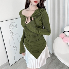 Áo Kiểu Nữ Trơn Tay Dài Tà Nhọn Phối Cổ Đổ Chất Thun Ánh Nhũ Đi Làm Đi Chơi MIMIX - EA1