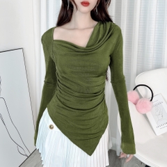 Áo Kiểu Nữ Trơn Tay Dài Tà Nhọn Phối Cổ Đổ Chất Thun Ánh Nhũ Đi Làm Đi Chơi MIMIX - EA1