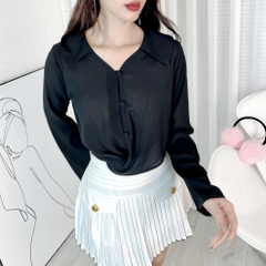 Áo Kiểu Nữ Sơ Mi Tay Loe Dài Phối Nút Bọc 3 Màu Nữ Tính Chất Tơ Vân Lụa Đi Làm Đi Chơi MIMIX - DO9