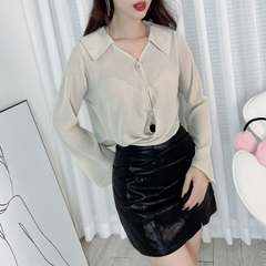 Áo Kiểu Nữ Sơ Mi Tay Loe Dài Phối Nút Bọc 3 Màu Nữ Tính Chất Tơ Vân Lụa Đi Làm Đi Chơi MIMIX - DO9