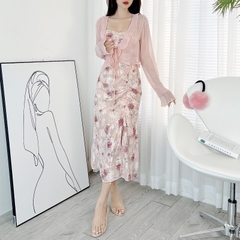 Đầm 2 Dây Thêu Hoa Xẻ Tà Phối Rút Dọc Kèm Áo Khoác Ngoài Đi Du Lịch MIMIX - EA5