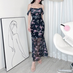 Đầm 2 Dây Hoa Cổ Đổ Rớt Tay Dáng Dài Chất Thun Lưới In Hoa Đi Tiệc Sang Trọng MIMIX - DF9