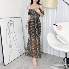 Đầm 2 Dây Hoa Cổ Đổ Rớt Tay Dáng Dài Chất Thun Lưới In Hoa Đi Tiệc Sang Trọng MIMIX - DF9
