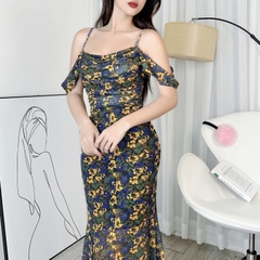Đầm 2 Dây Hoa Cổ Đổ Rớt Tay Dáng Dài Chất Thun Lưới In Hoa Đi Tiệc Sang Trọng MIMIX - DF9