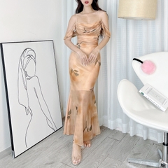 Đầm 2 Dây Hoa Cổ Đổ Rớt Tay Dáng Dài Chất Thun Lưới In Hoa Đi Tiệc Sang Trọng MIMIX - DF9