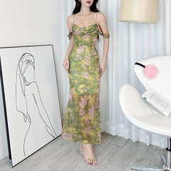 Đầm 2 Dây Hoa Cổ Đổ Rớt Tay Dáng Dài Chất Thun Lưới In Hoa Đi Tiệc Sang Trọng MIMIX - DF9
