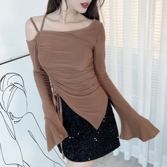Áo Kiểu Nữ Trơn Lệch Vai Phối Dây Rút Kèm Tay Loe Chất Thun Ladong Dày Đi Chơi MIMIX - EB2