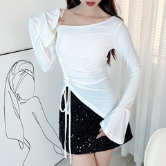Áo Kiểu Nữ Trơn Lệch Vai Phối Dây Rút Kèm Tay Loe Chất Thun Ladong Dày Đi Chơi MIMIX - EB2
