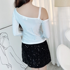 Áo Kiểu Nữ Trơn Lệch Vai Phối Dây Rút Kèm Tay Loe Chất Thun Ladong Dày Đi Chơi MIMIX - EB2