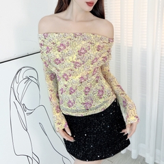Áo Kiểu Nữ Hoa Tay Dài Trễ Vai Chất Thun Lưới In Hoa Đi Dạo Phố MIMIX - EB1
