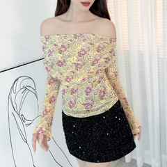 Áo Kiểu Nữ Hoa Tay Dài Trễ Vai Chất Thun Lưới In Hoa Đi Dạo Phố MIMIX - EB1