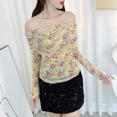 Áo Kiểu Nữ Hoa Tay Dài Trễ Vai Chất Thun Lưới In Hoa Đi Dạo Phố MIMIX - EB1