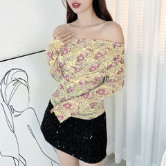 Áo Kiểu Nữ Hoa Tay Dài Trễ Vai Chất Thun Lưới In Hoa Đi Dạo Phố MIMIX - EB1