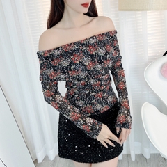 Áo Kiểu Nữ Hoa Tay Dài Trễ Vai Chất Thun Lưới In Hoa Đi Dạo Phố MIMIX - EB1